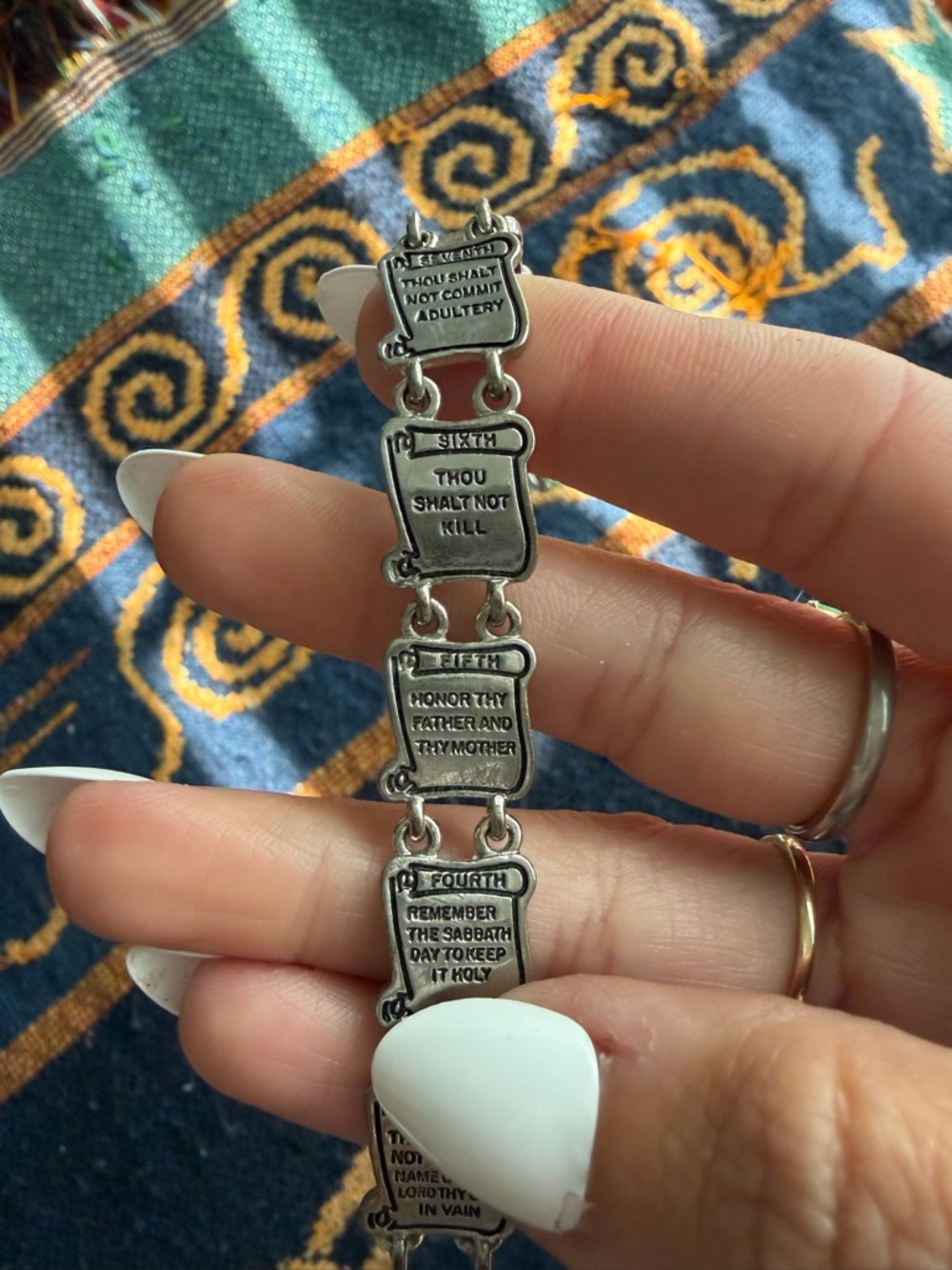 Vintage Avon Silver Ten Commandments Link Bracelet - Religious Charm Jewelry
